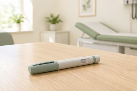 Pluma inyectable genérica sobre una mesa de madera clara en un entorno médico luminoso