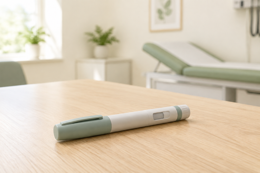 Pluma inyectable genérica sobre una mesa de madera clara en un entorno médico luminoso